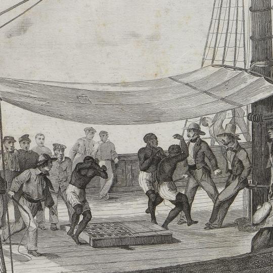 Estampe représentant des captifs contraints à l'exercice et forcés à danser sur le pont d'un navire de traire.