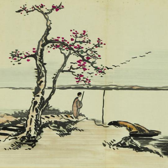 Pièce de broderie avec représentation d'un paysage, de personnage et avec les inscriptions "Gu Mu Can Tian".