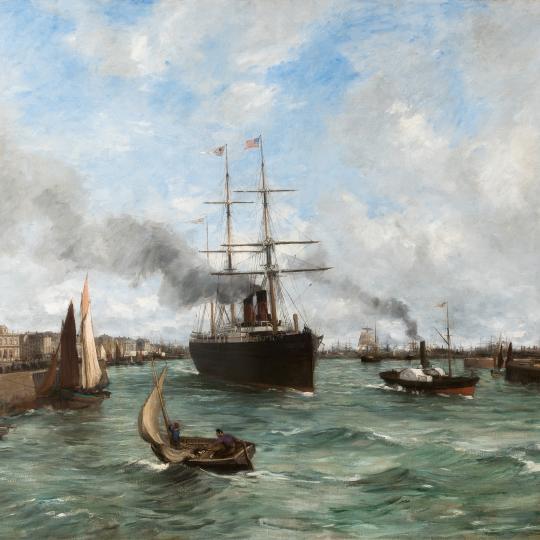 Peinture représentant un navire à vapeur sortant du port du Havre.