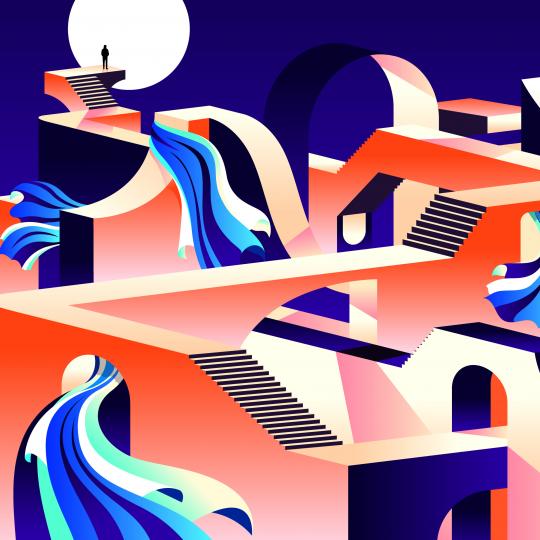 Nuit des musées 2022 - Affiche nationale de l'évènement, présentant un labyrinthe rose dans une nuit éclairée par la pleine lune.