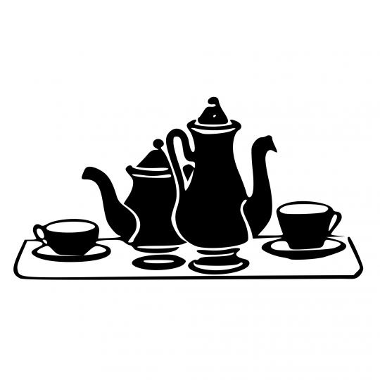 Dessin en noir et blanc d'un service à café composé d'une théière, cafetière et de deux tasses.