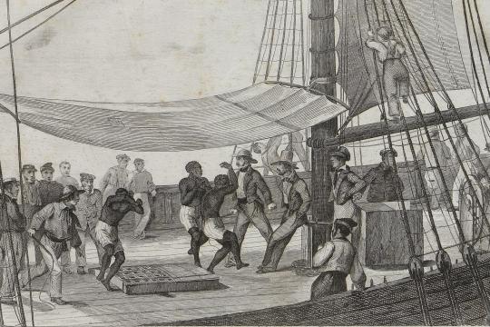 Estampe représentant des captifs contraints à l'exercice et forcés à danser sur le pont d'un navire de traire.