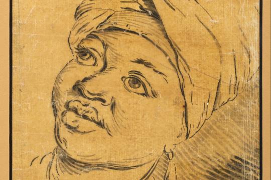 Dessin du visage d'un personnage noir portant un turban sur la tête.