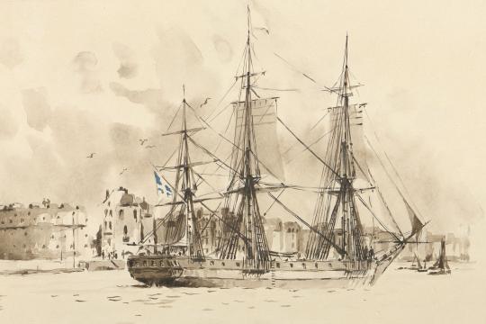 Navires Le Bien Aimé, Voilier au Havre - Voilier au Havre, Mélissent Dessin aquarellé représentant un navire à voile rentrant dans le port du Havre.