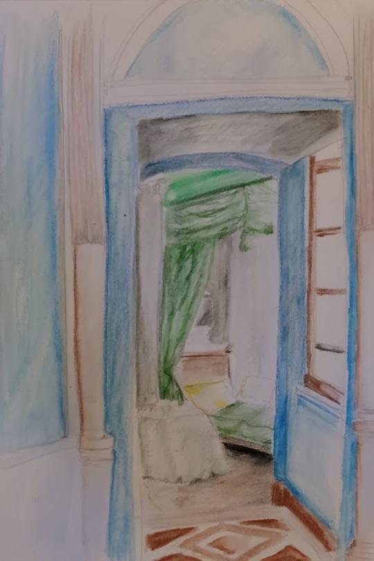 Dessin au crayon de la chambre de madame avec le lit en alcôve