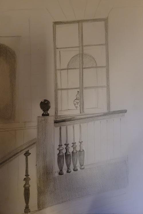 Dessin au crayon du palier du grand escalier