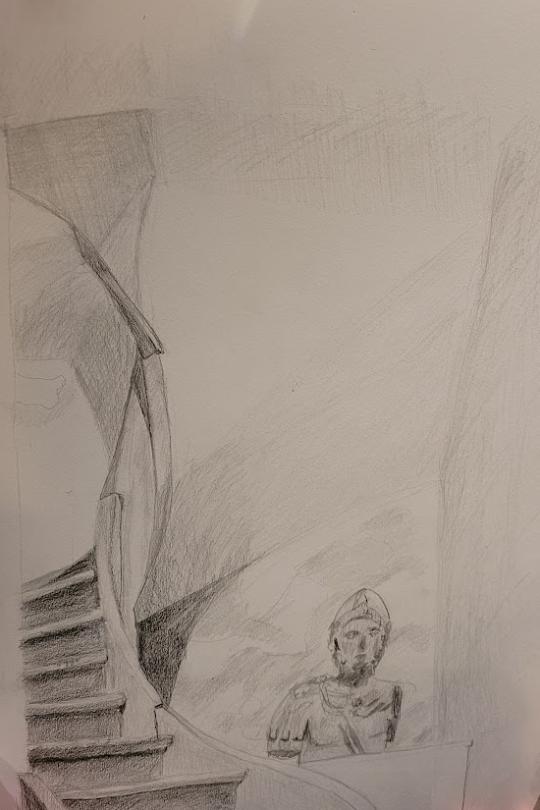 Dessin au crayon de l'escalier des domestiques